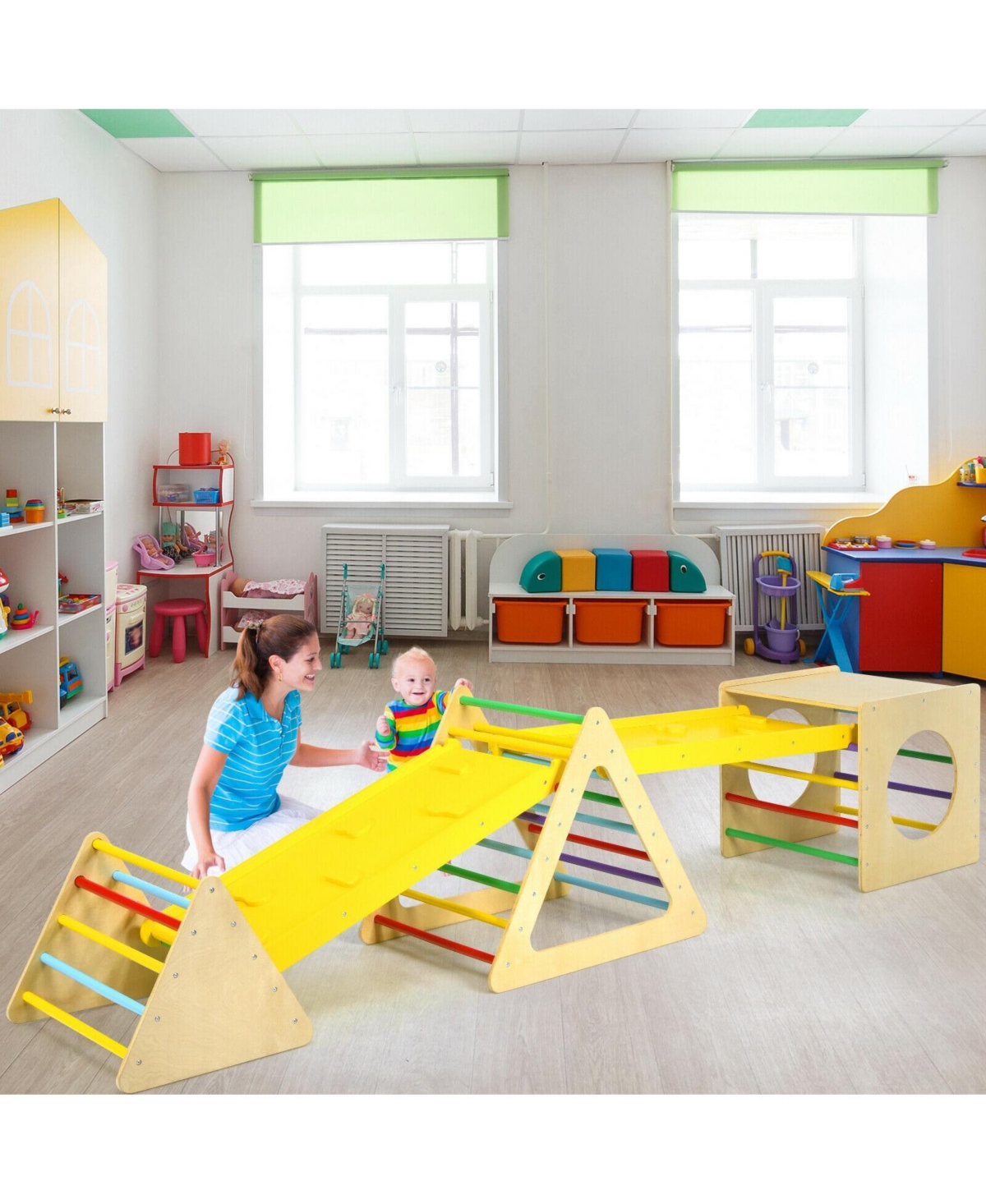 Skonyon 5 in 1 Kids Triangle Climber Play Gym Set with 2 Ramps