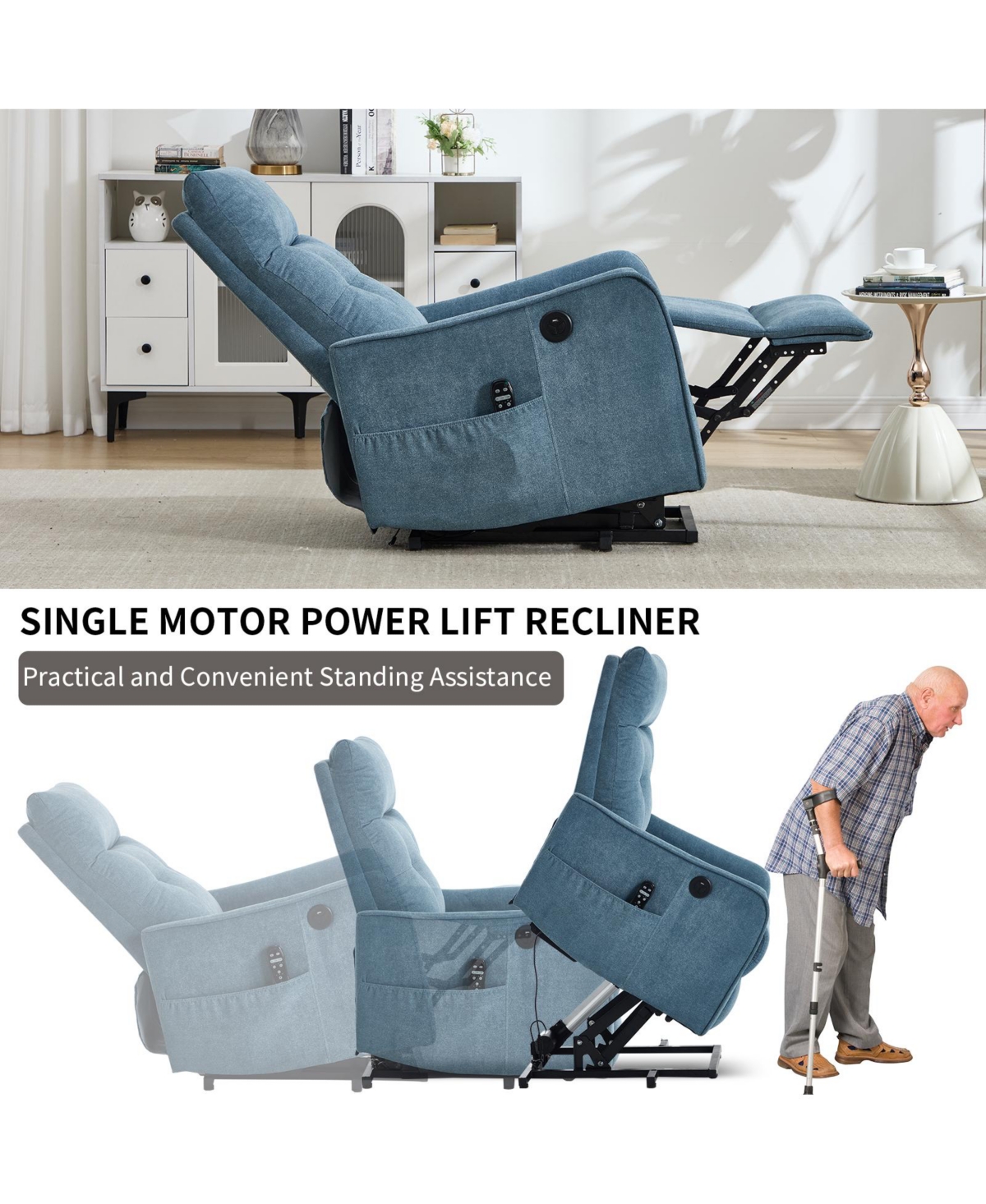 sumyeg Chenille Single Motor Power Lift Recliner Chair with Massage and Heavy Duty Motion Mechanism One Usb for Charging