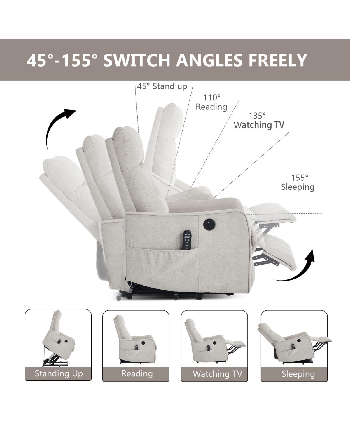 sumyeg Chenille Single Motor Power Lift Recliner Chair with Massage and Heavy Duty Motion Mechanism One Usb for Charging