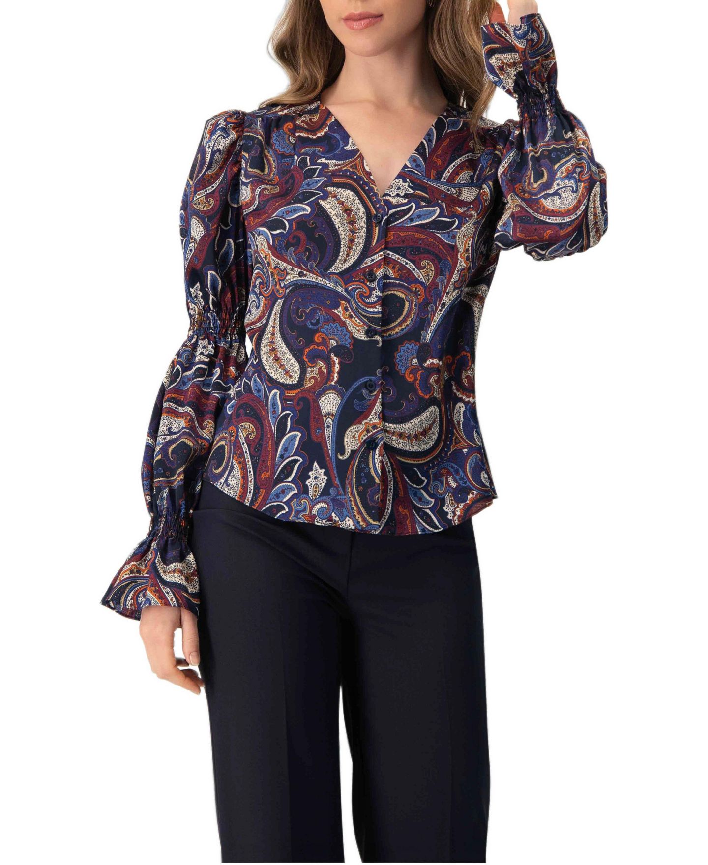 Женская рубашка Ivonne V-Neck Printed With Smocked Sleeves, цвет: Разноцветный коричневый — фото 1