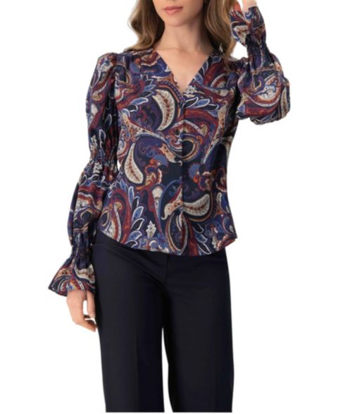 Женская рубашка Ivonne V-Neck Printed With Smocked Sleeves, цвет: Разноцветный коричневый