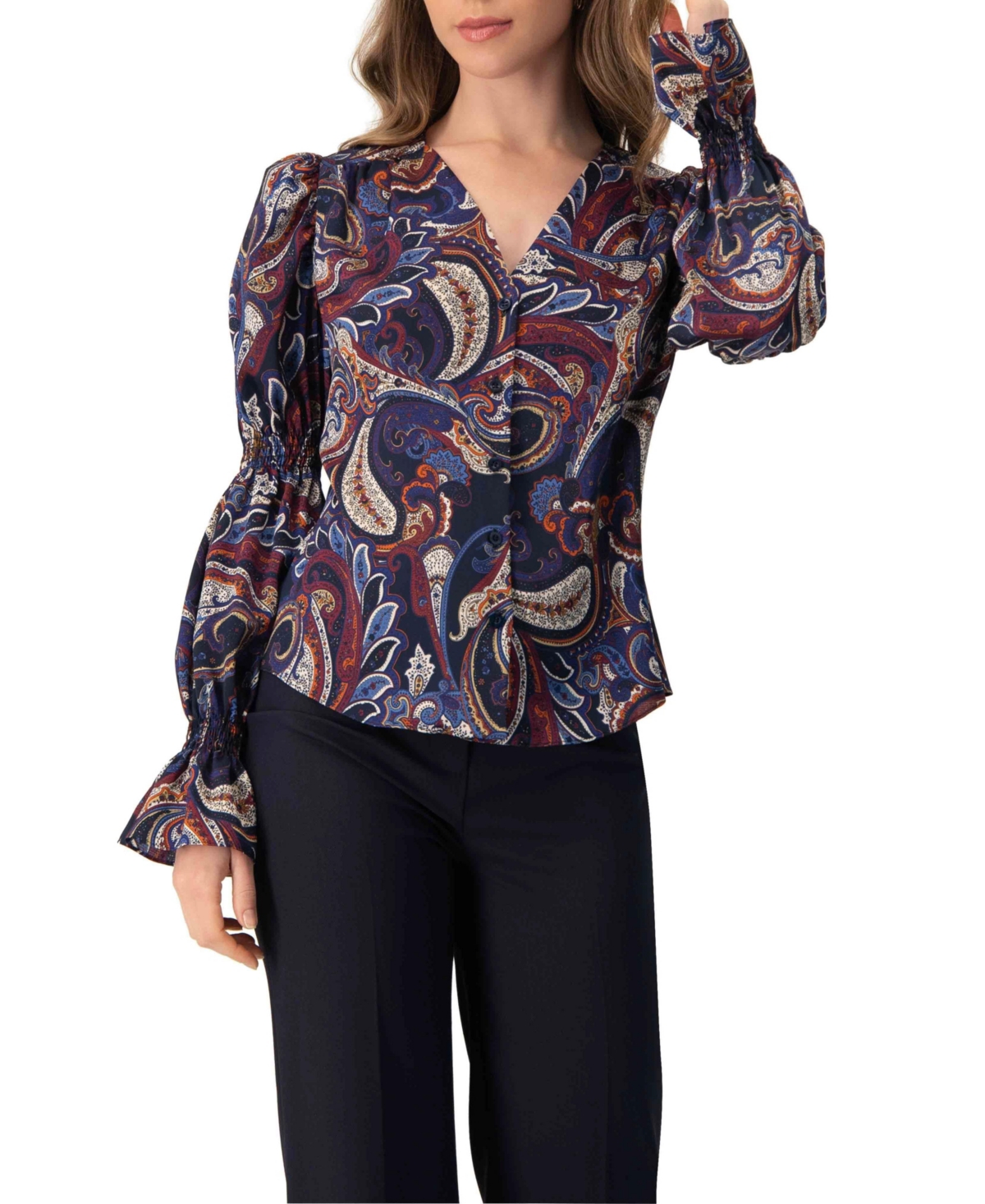 Ivonne Women's V-Neck Printed Shirt With Smocked Sleeves