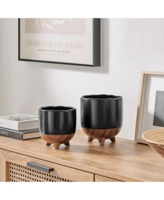 Milo Mortar Two Tone Flower Pot Planter Cachepot Set of 2 Sizes - Black and Walnut