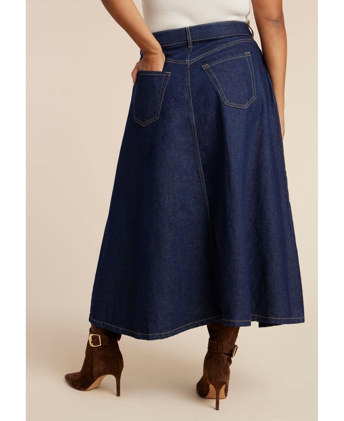 Eloquii Women's Denim Maxi Skirt With Seam Detail