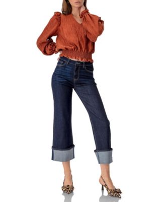 Women's V-Neck Smocked Blouse with Ruffle Sleeves