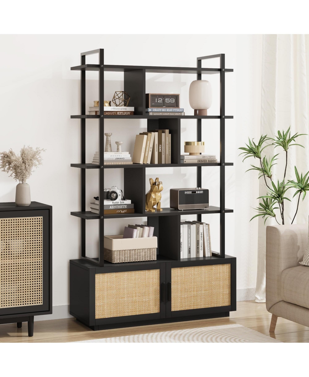 Gaomon 5 Tier Rattan Bookshelf with Storage Cabinet & Door, 5 Shelf Bookcase with Metal Frame for Living Room, Bedroom
