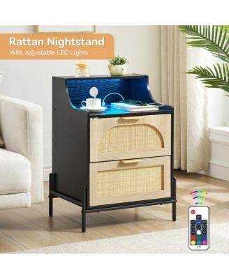 Rattan Nightstand with Charging Station and LED Lights, Storage End Table, for Living Room, Bedroom, Dorm