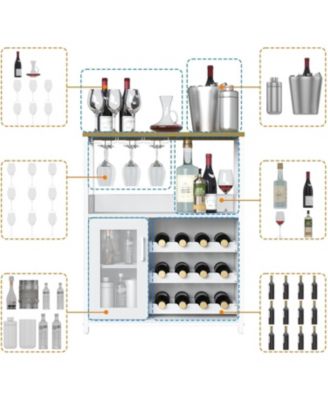 Wine Bar Cabinet with Drawer, Shelves, Glass Holder, and Mesh Door, Small Sideboard for Liquor and Glasses