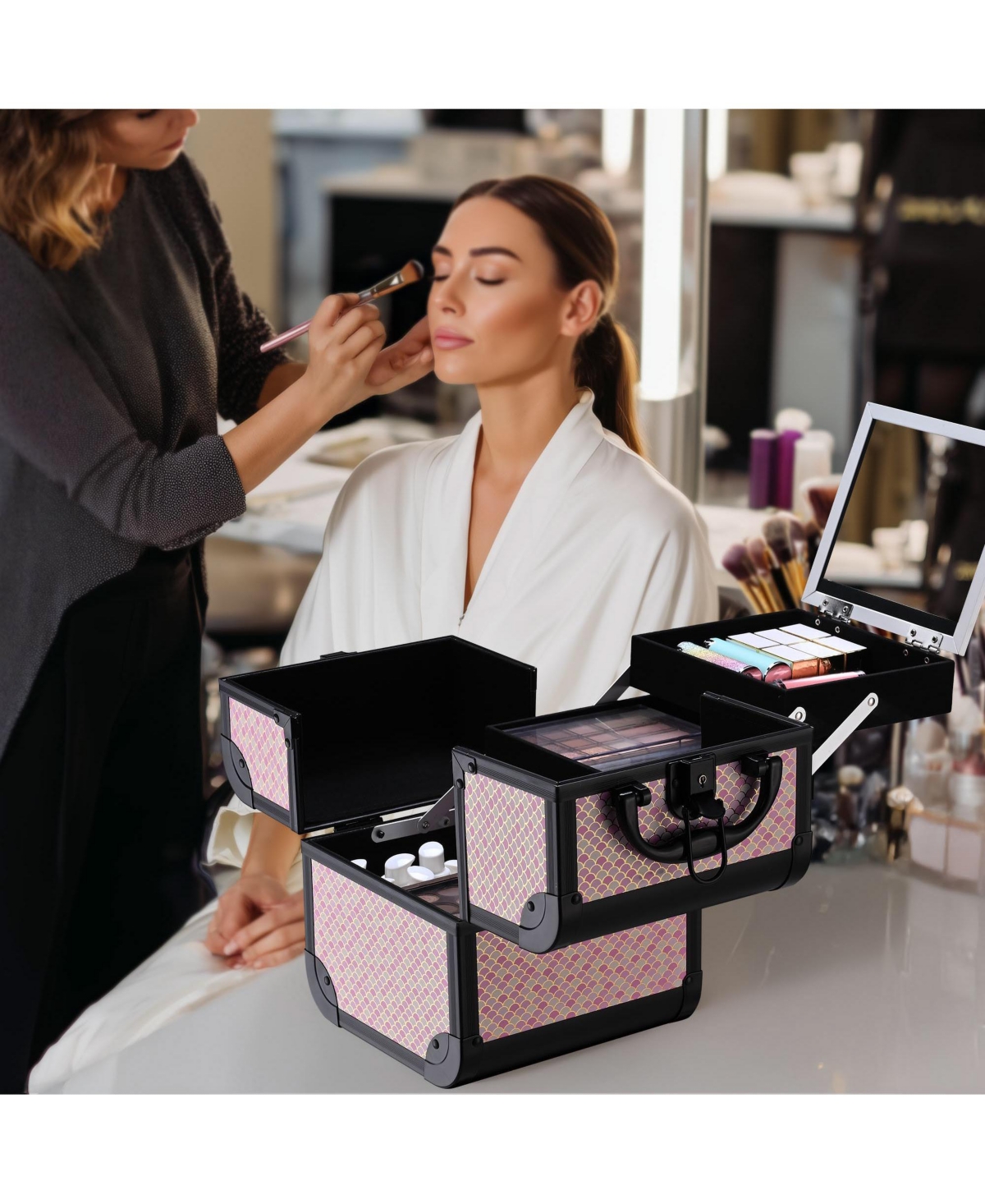 Byootique Makeup Train Case with Mirror Travel Case for Barber Art Deco Bloom