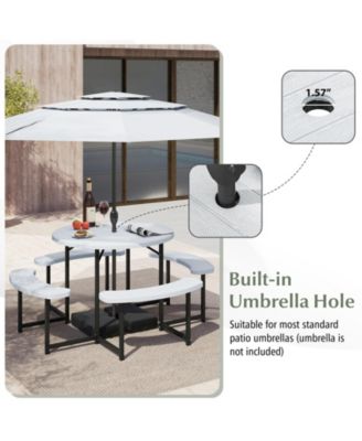 Round Picnic Table Set with 4 Benches and Umbrella Hole