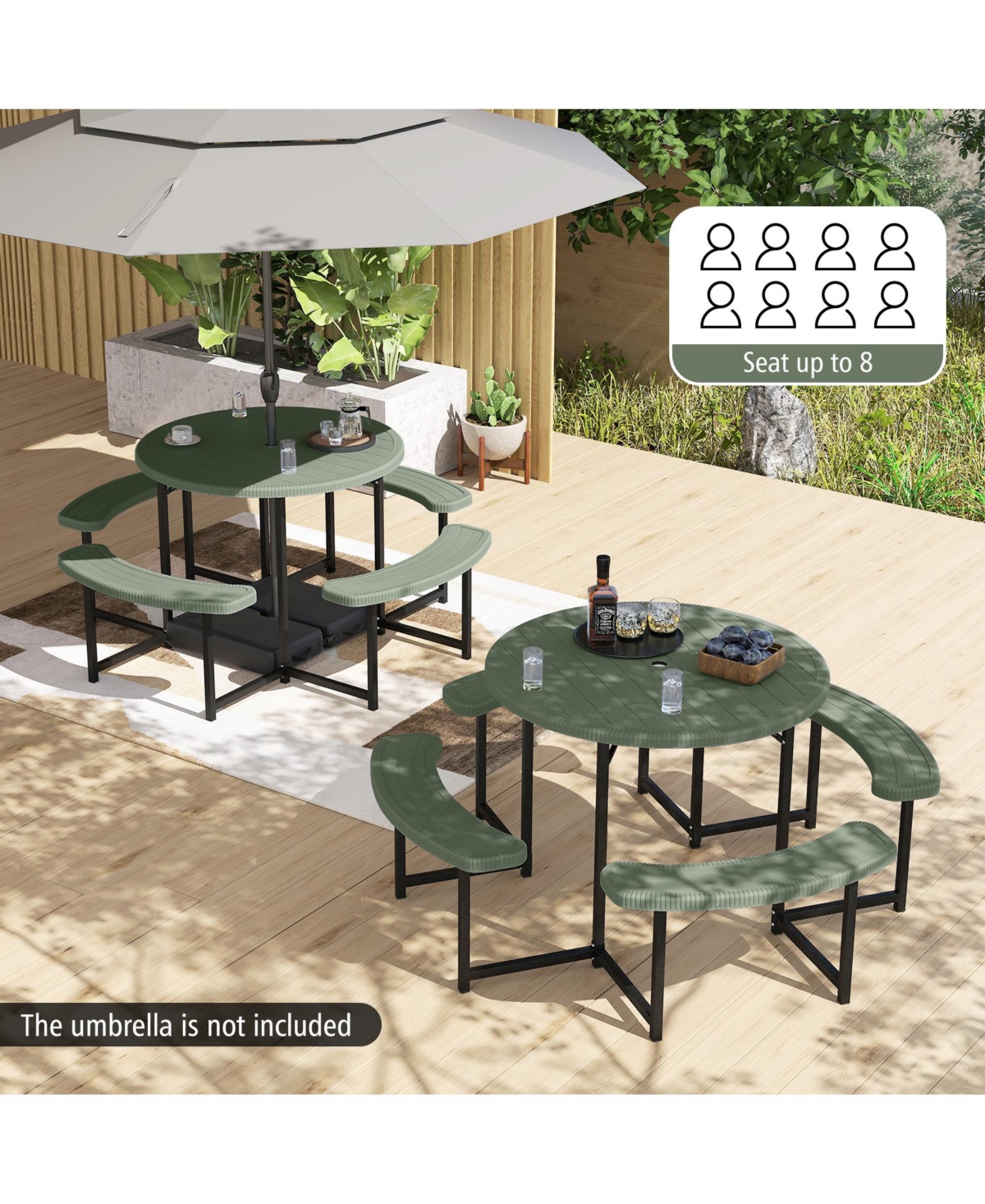 Slickblue Round Picnic Table Set with 4 Benches and Umbrella Hole