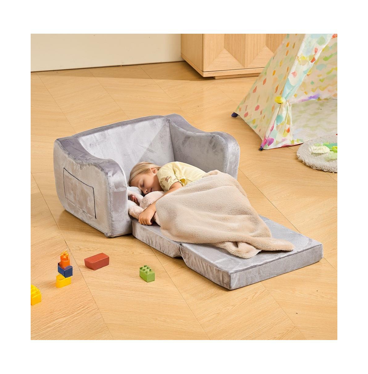 Slickblue Convertible Kids Sofa with Armrests, Folds into Lounger for Room