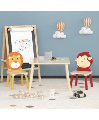 3-Piece Kids Table and Chair Set with Lion and Monkey Theme in Natural