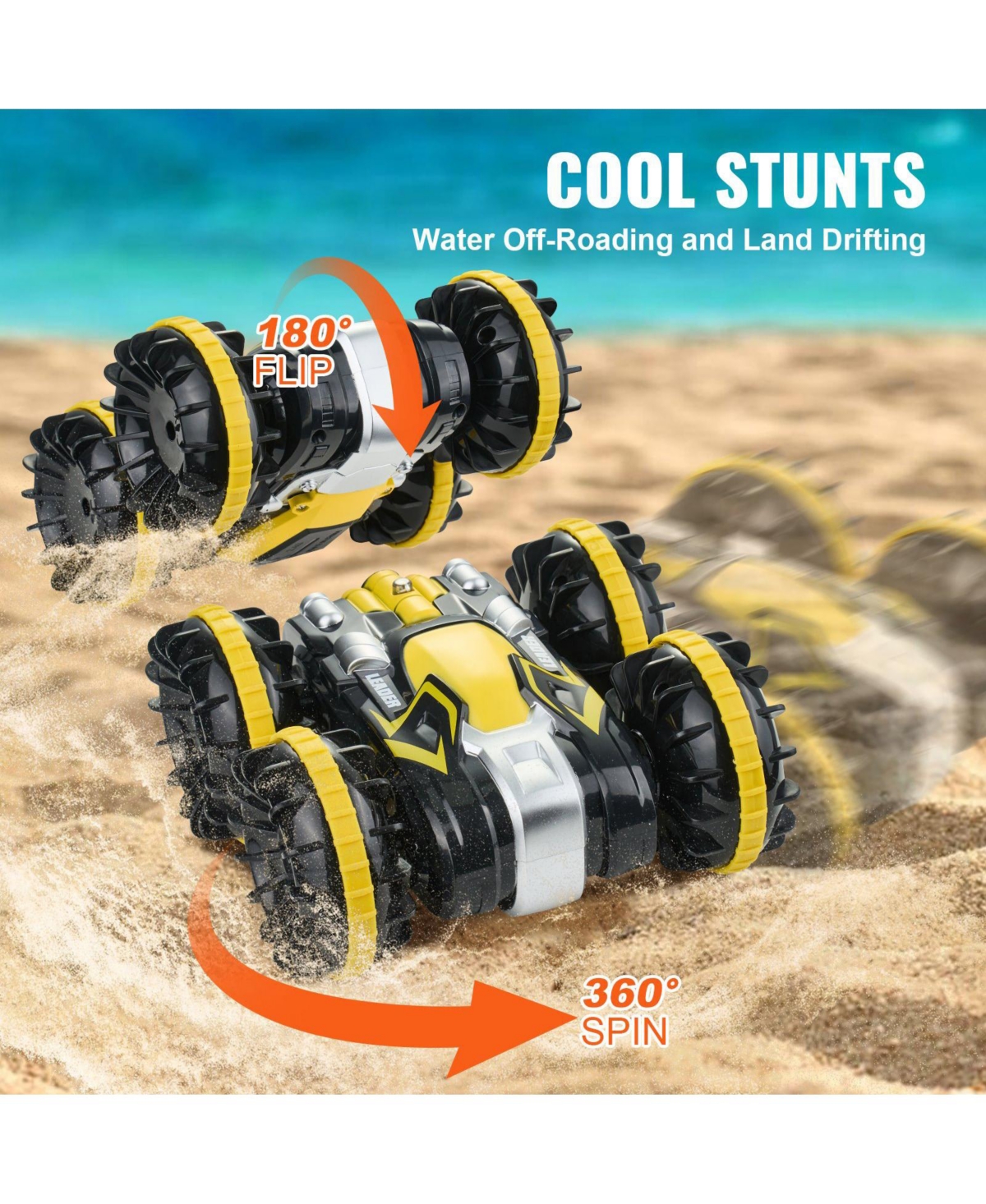 Mecale Amphibious Rc Car Boat, 2.4GHz 12 km/h 4WD Waterproof Car, 360° Rotating Stunt Vehicle with 2 Batteries, Toy for Kids 6+