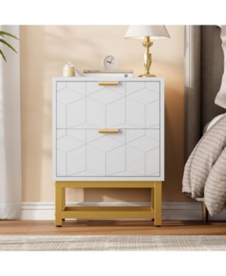 2 Drawer Dresser, Modern Small Nightstand with Gold Handles, Wood Storage Cabinet for Bedroom, Nursery, Entryway