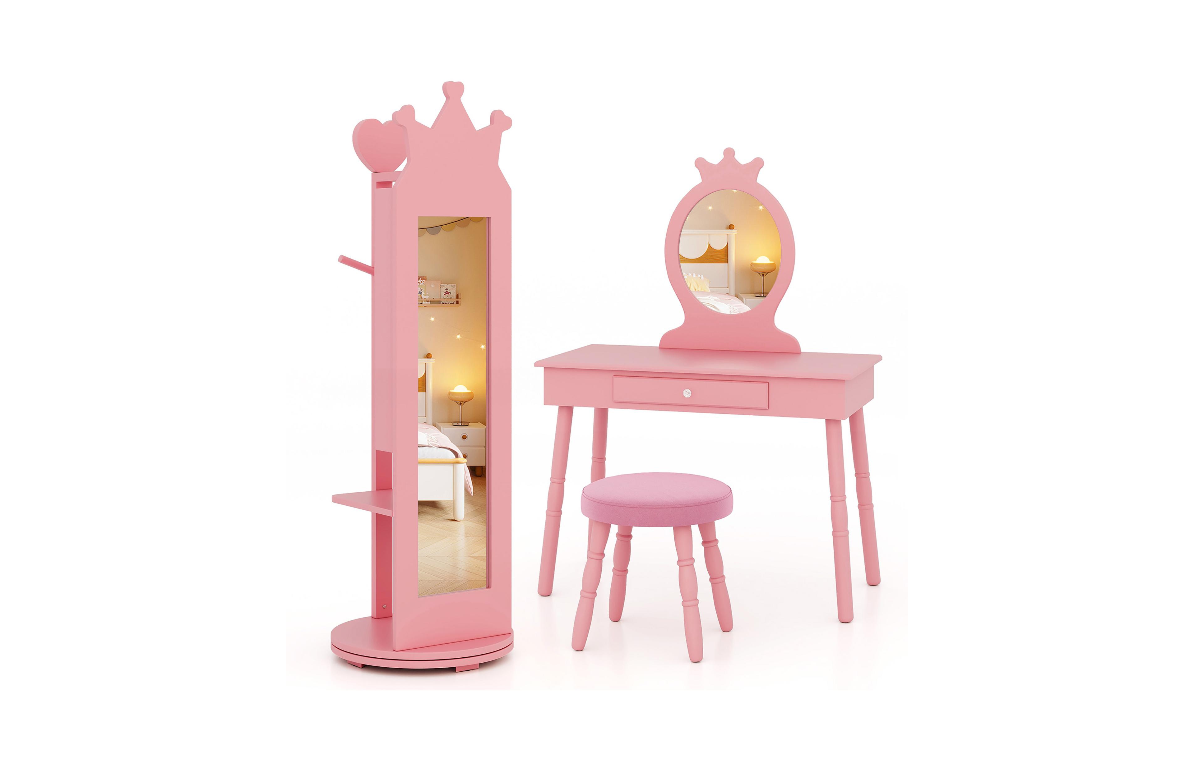 Gymax Kids Vanity Set Princess Makeup Dressing Table andChair Set w/ Coat Rack
