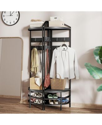 Corner Hall Tree, Coat Rack with Shoe Storage, Hooks, Shelves