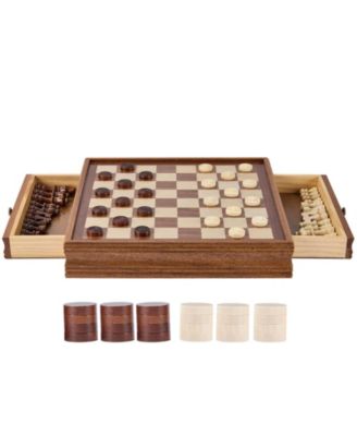 Solid Wood 15-Inch 2-in-1 Chess and Checkers Set with Storage Drawer, Weighted Pieces and Extra Queens for Adults and Kids