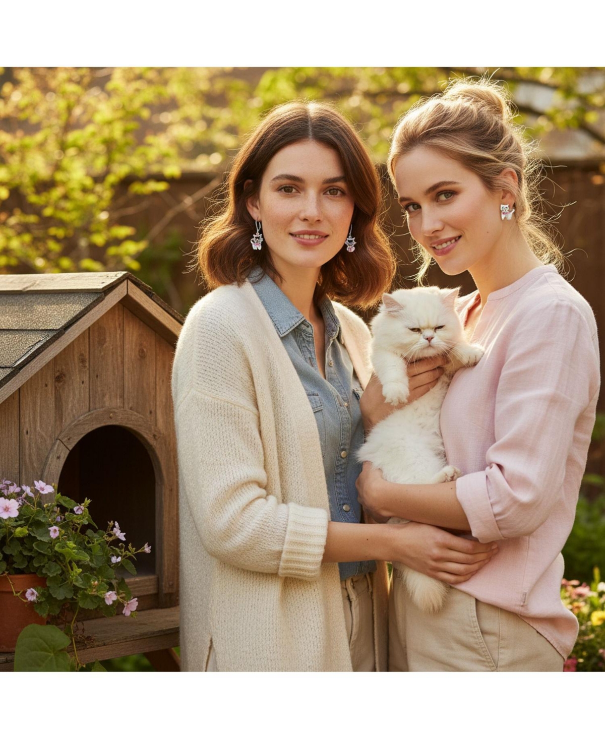 Bling Jewelry Set of 2 Petite Animal Pet Kitty Kitten Cat Pink Cz Dangle & Crystal Stud Earrings Sterling Silver