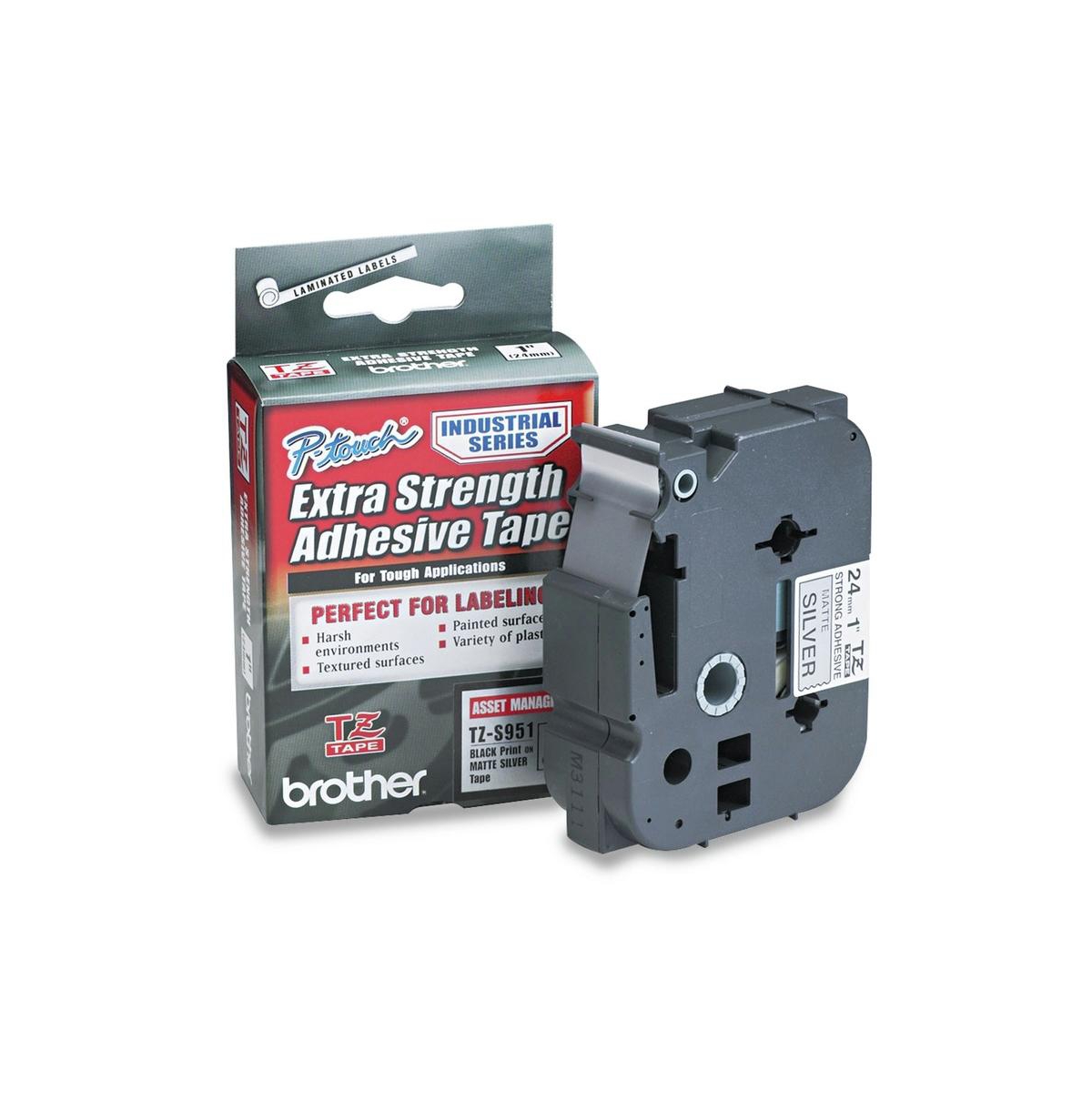 Brother P-Touch TzES951 0.94 in. x 26.2 ft. TZ Extra-Strength Adhesive Laminated Labeling Tape - Black on Matte Silver