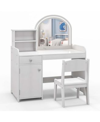 Kid Vanity Table Chair Set 2-Color LED Lights Large Drawer Shelf Cabinet