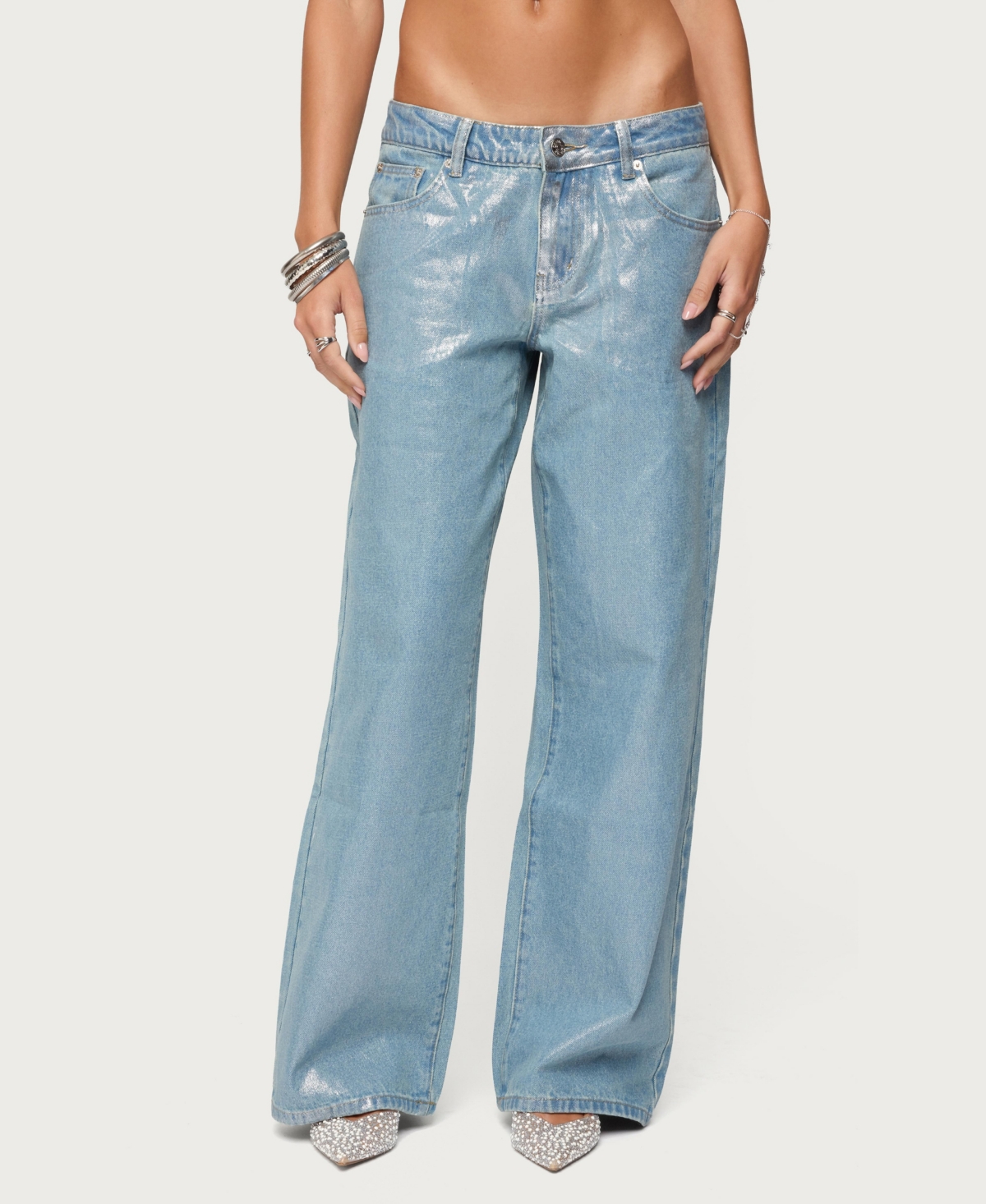 Edikted Women's Jenney Shiny Low Rise Baggy Jeans