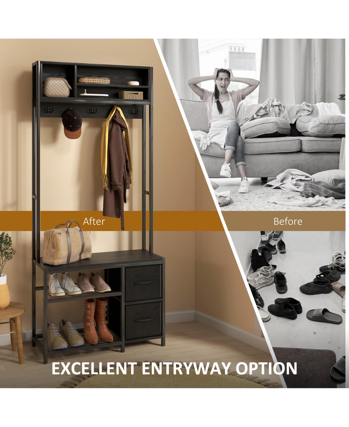 Homcom Hall Tree with Bench, 5-in-1 Entryway Bench Coat Rack,