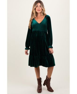 Maternity Forest Green Velvet Smocked Long Sleeve Dress