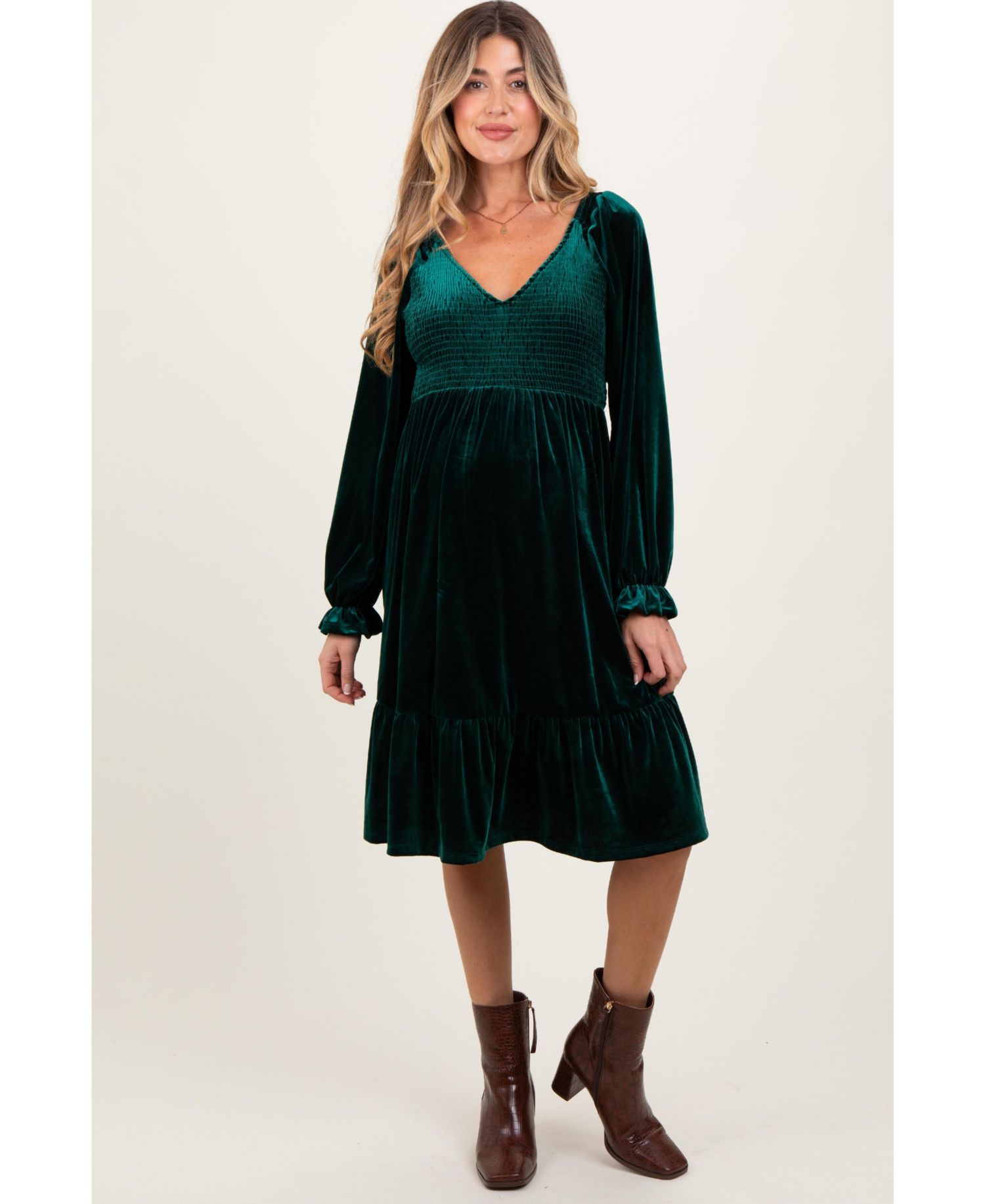 Women's Forest Green Velvet Smocked Long Sleeve Dress