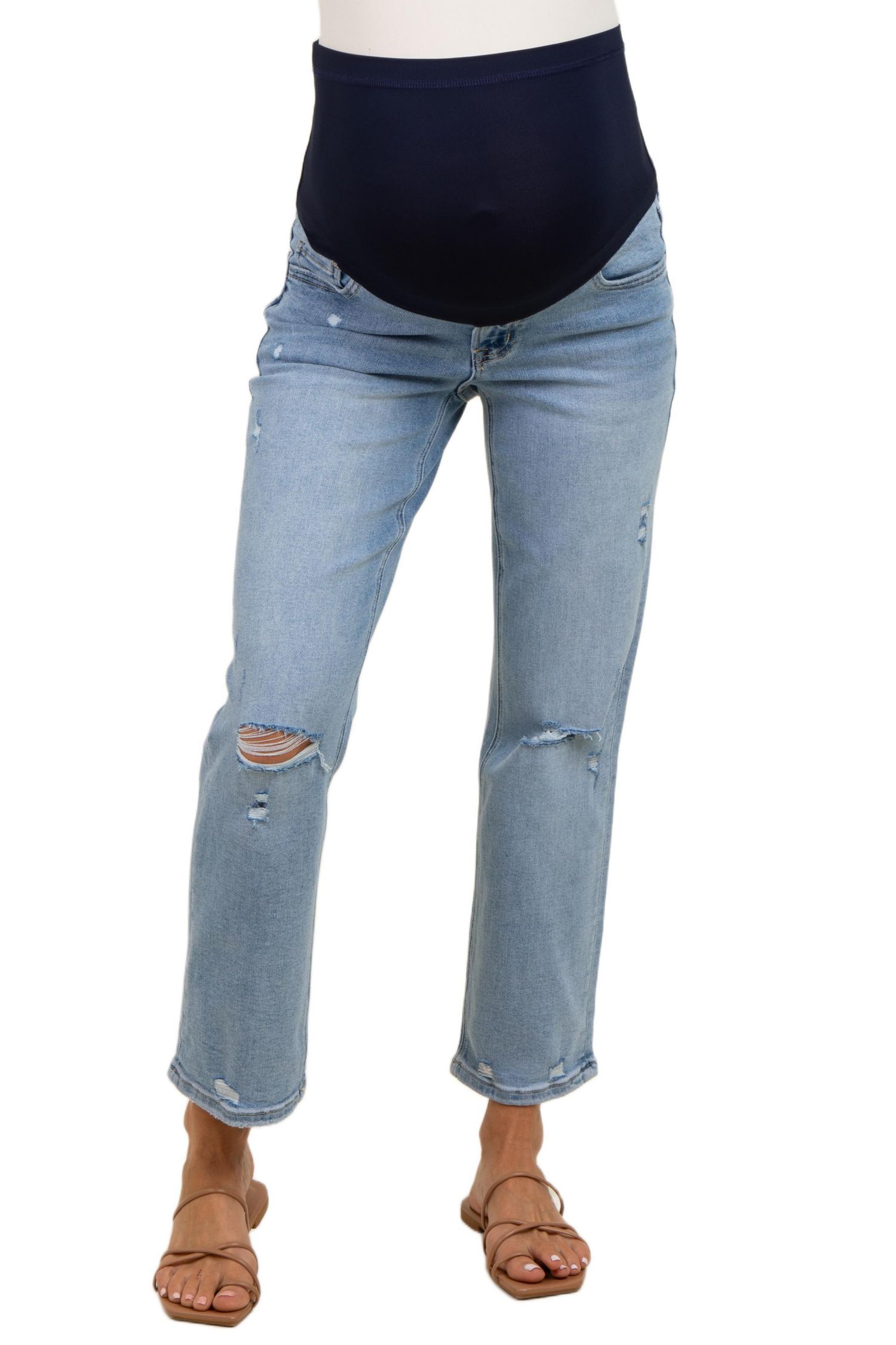 Women's Light Blue Distressed Open Knee Ankle Straight Leg Jeans
