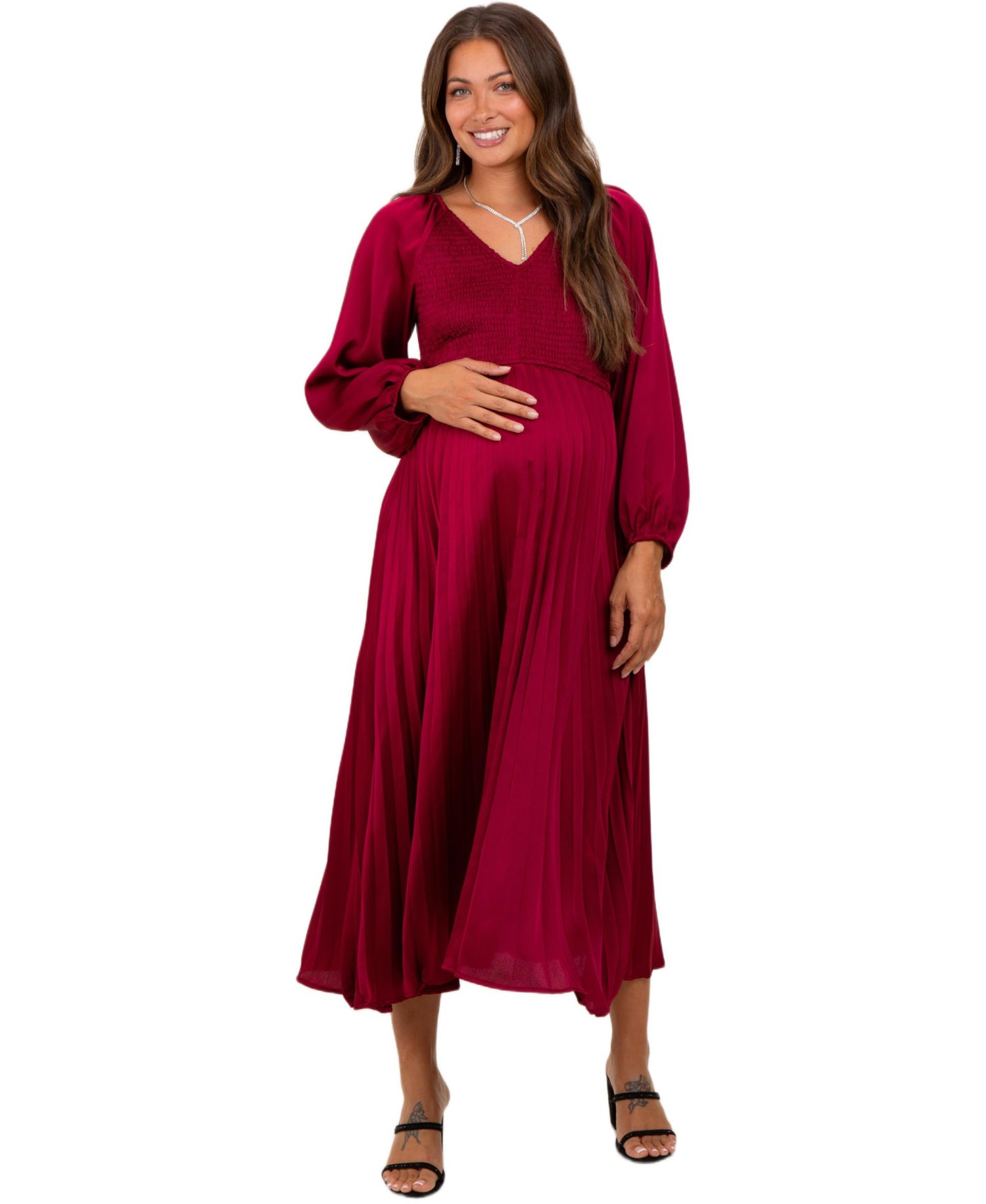Women's Burgundy Satin Smocked Pleated Midi Dress