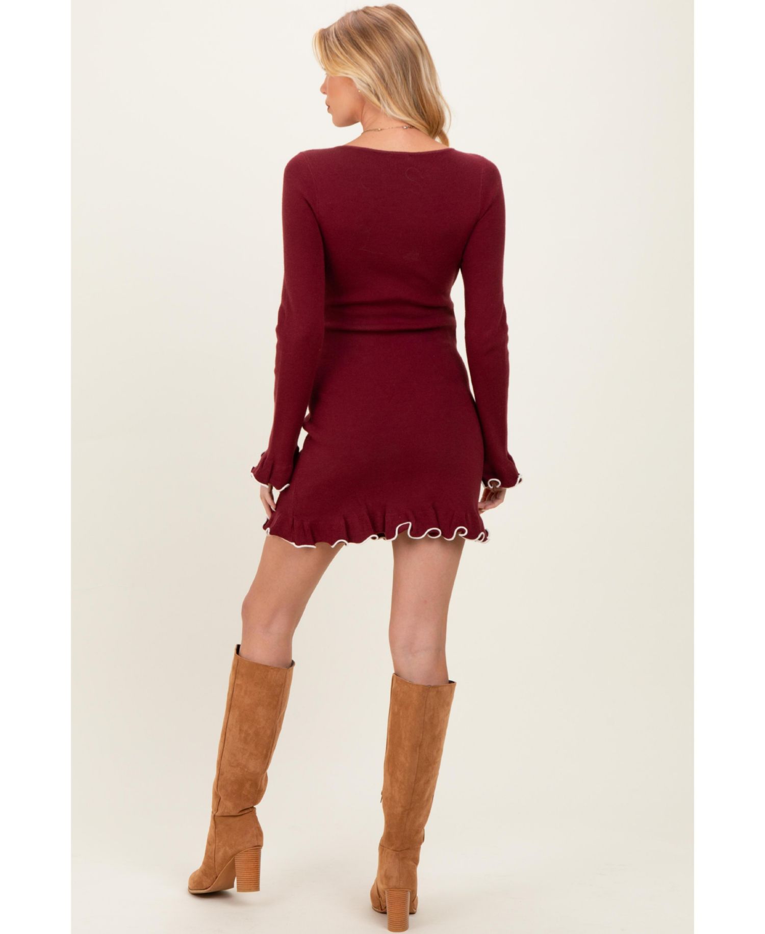 Women's Burgundy Long Sleeve Lettuce Trim Mini Dress