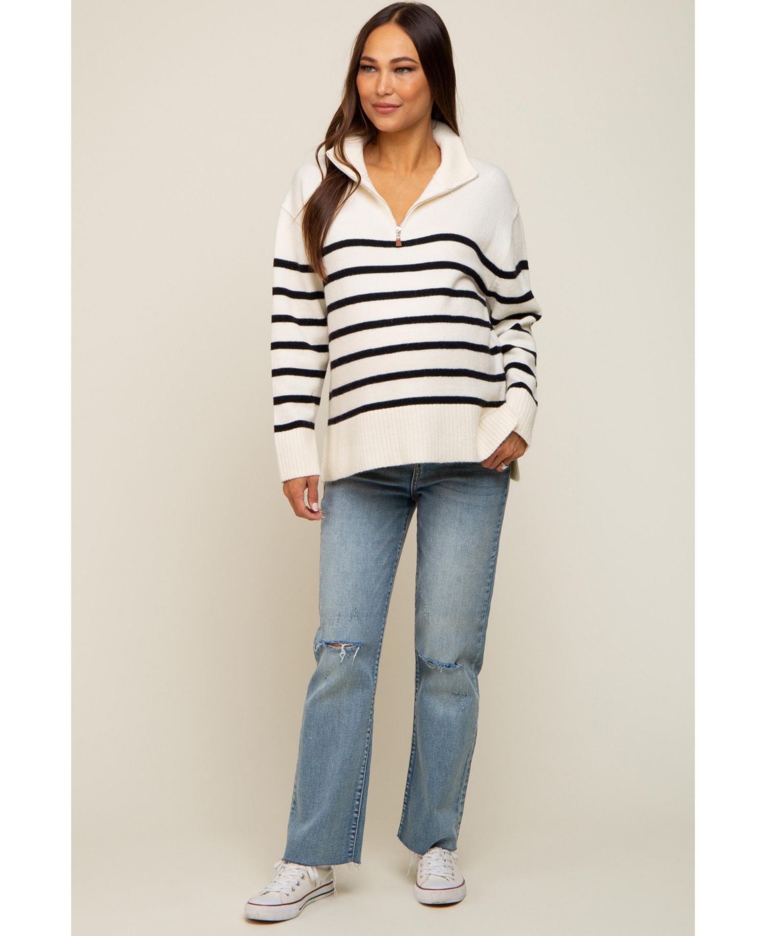 Women's Ivory Striped Half Zip Sweater