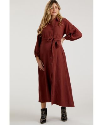 Maternity Blue Gauze Belted Shirt Midi Dress