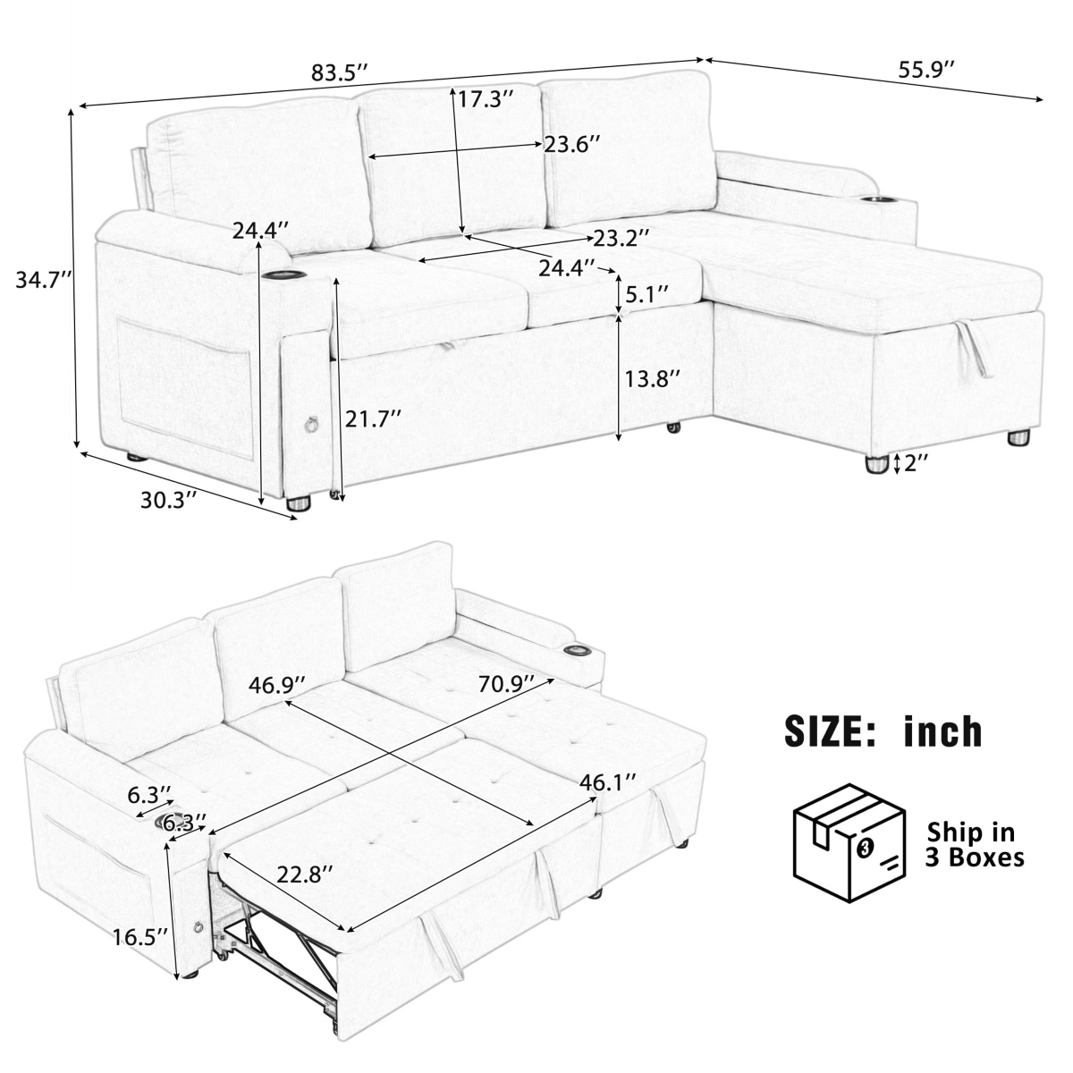 Boyel Living 83.5" L-Shaped Convertible Sofa Couch Bed Sectional with Storage, 2 Cup Holders & Usb Ports for Room