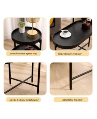 Black 2-Tier Side Table with Metal Frame and Wooden Storage