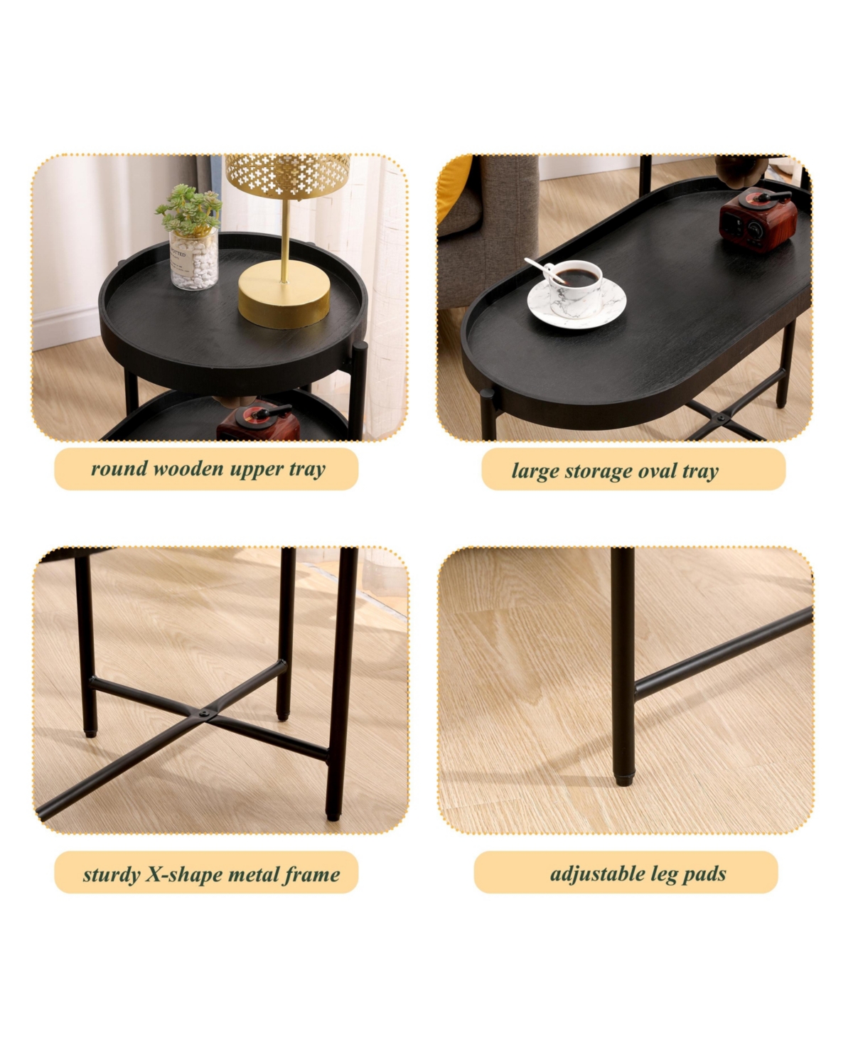 sumyeg Black 2-Tier Side Table with Metal Frame and Wooden Storage