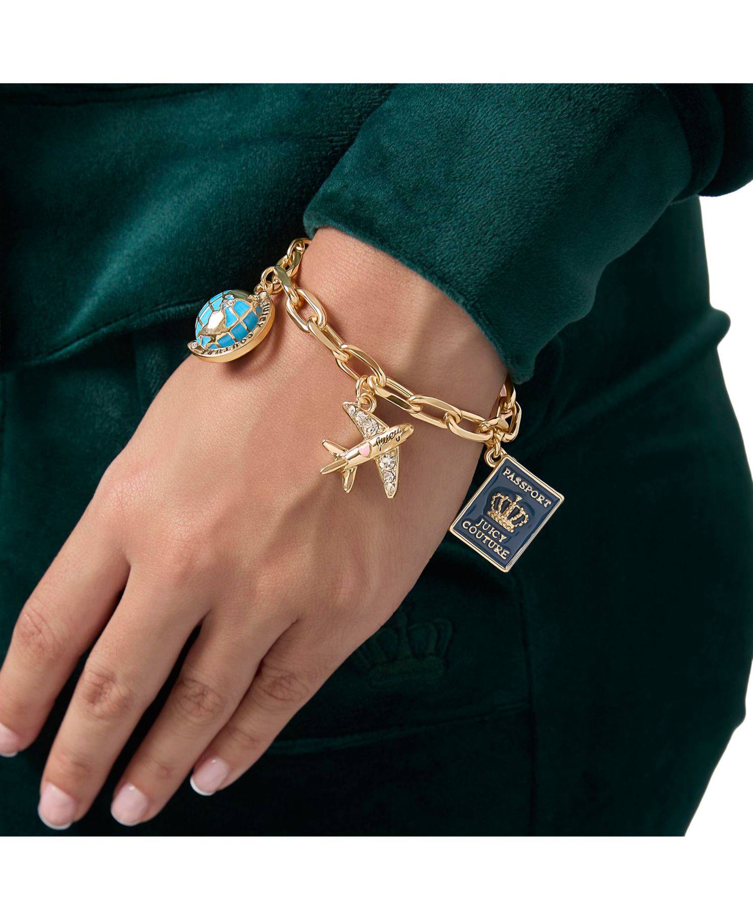 Travel Icons Charm Bracelet, Gold Tone with Blue and Pink Enamel