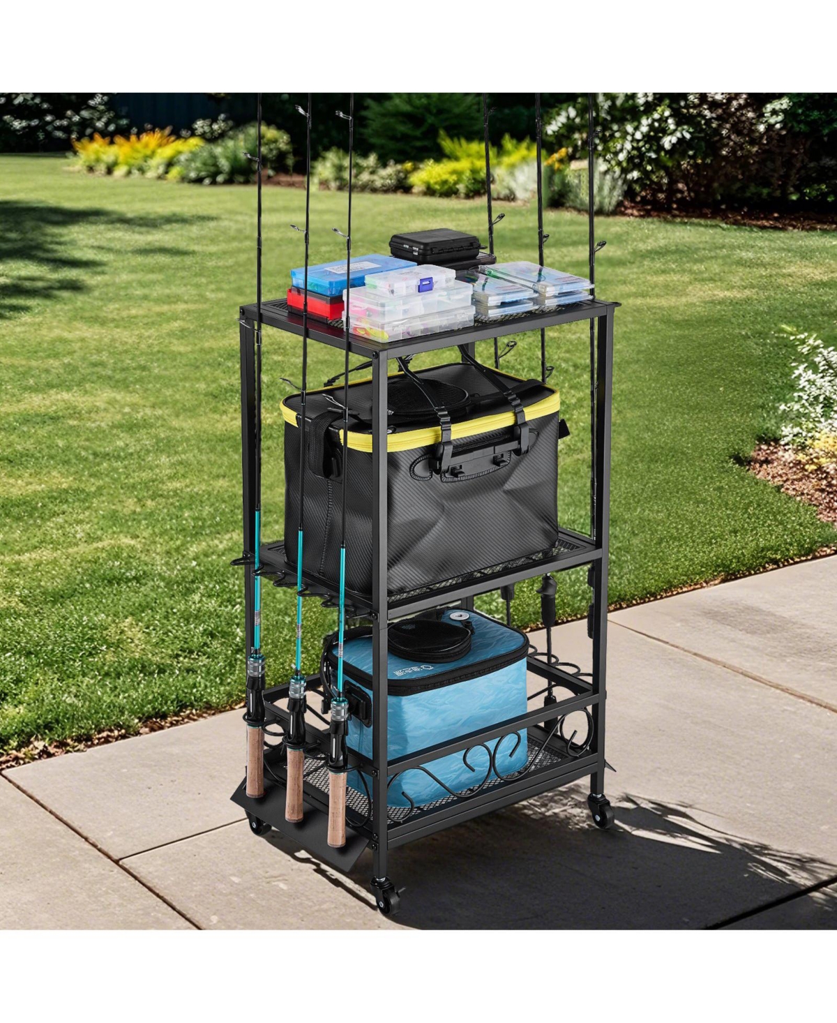 Mecale Fishing Rod Holder, 10-Rod Mobile Pole Rack Cart with Wheels for Garage or Home Fishing Gear Storage