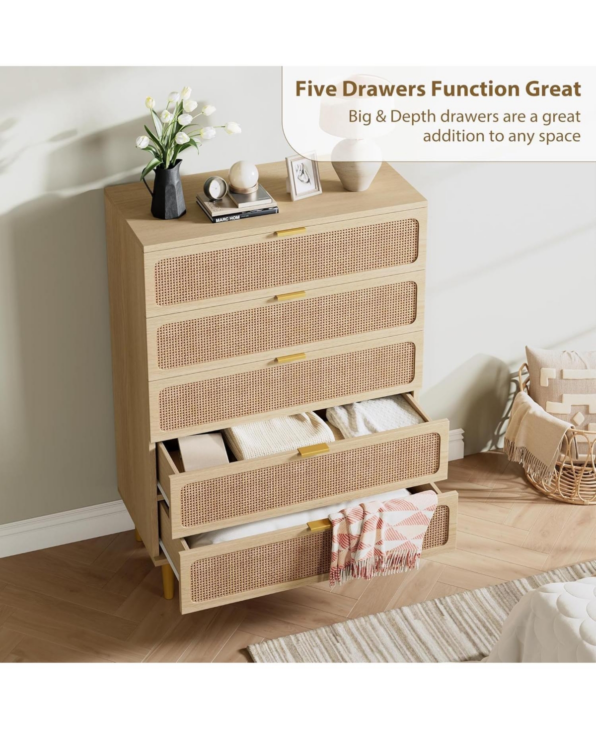 Gaomon Rattan 5-Drawer Bedroom Dresser, Horizontal