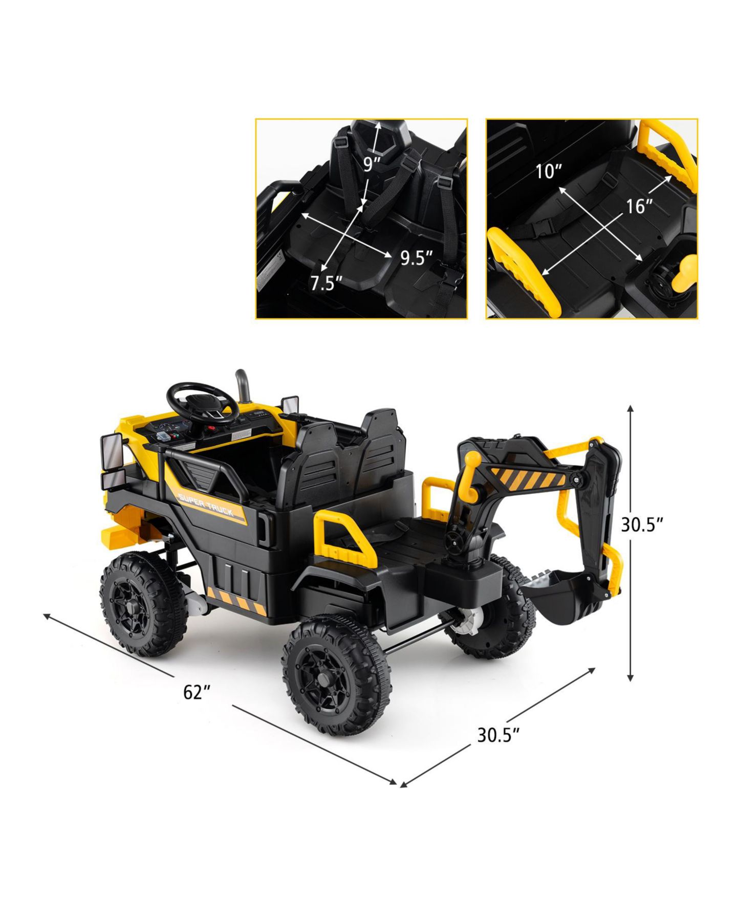 Детская игрушка HONGGE 24V 4WD Ride-On Excavator with Motorized Digging Arm and Remote Control, 2-Seater, Ages 3-8, цвет: Жёлтый чёрный — фото 2