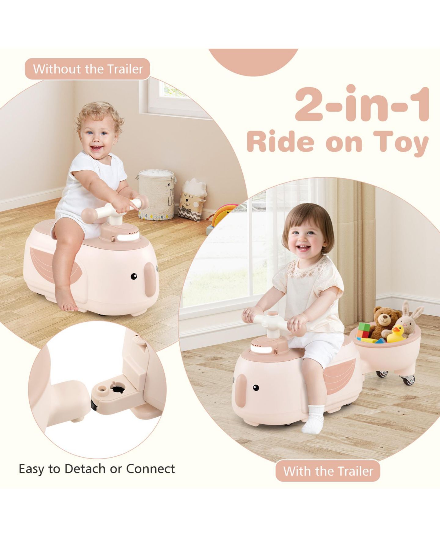 Детские игрушки HONGGE 2-in-1 Toddler Ride-On Car with Detachable Trailer and Lights, цвет: Бежевый — фото 7
