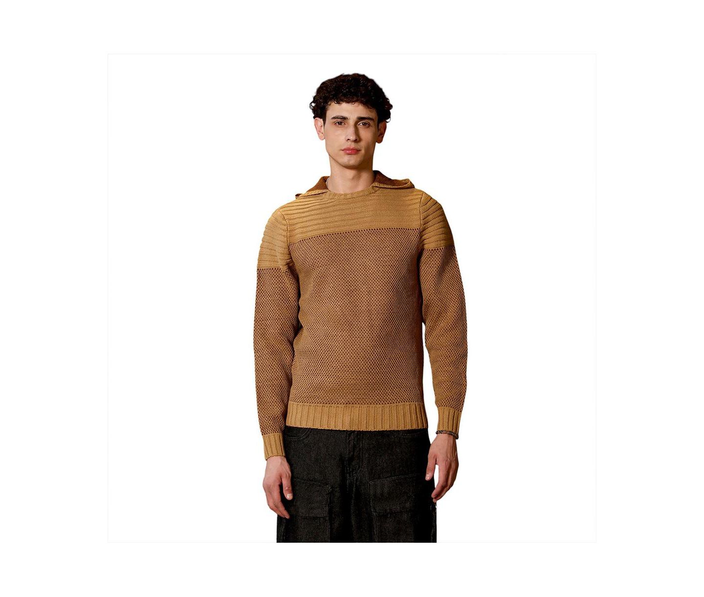 Мужской свитер Campus Sutra Hive-Jacquard Knit Hooded, цвет: Коричневый — фото 1