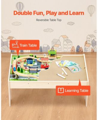 Train Table, 84 PCS Wooden Activity Table with Collapsible Bin, 3-in-1 Train Set for Playing, Drawing & Reading, Toy for Kids 3