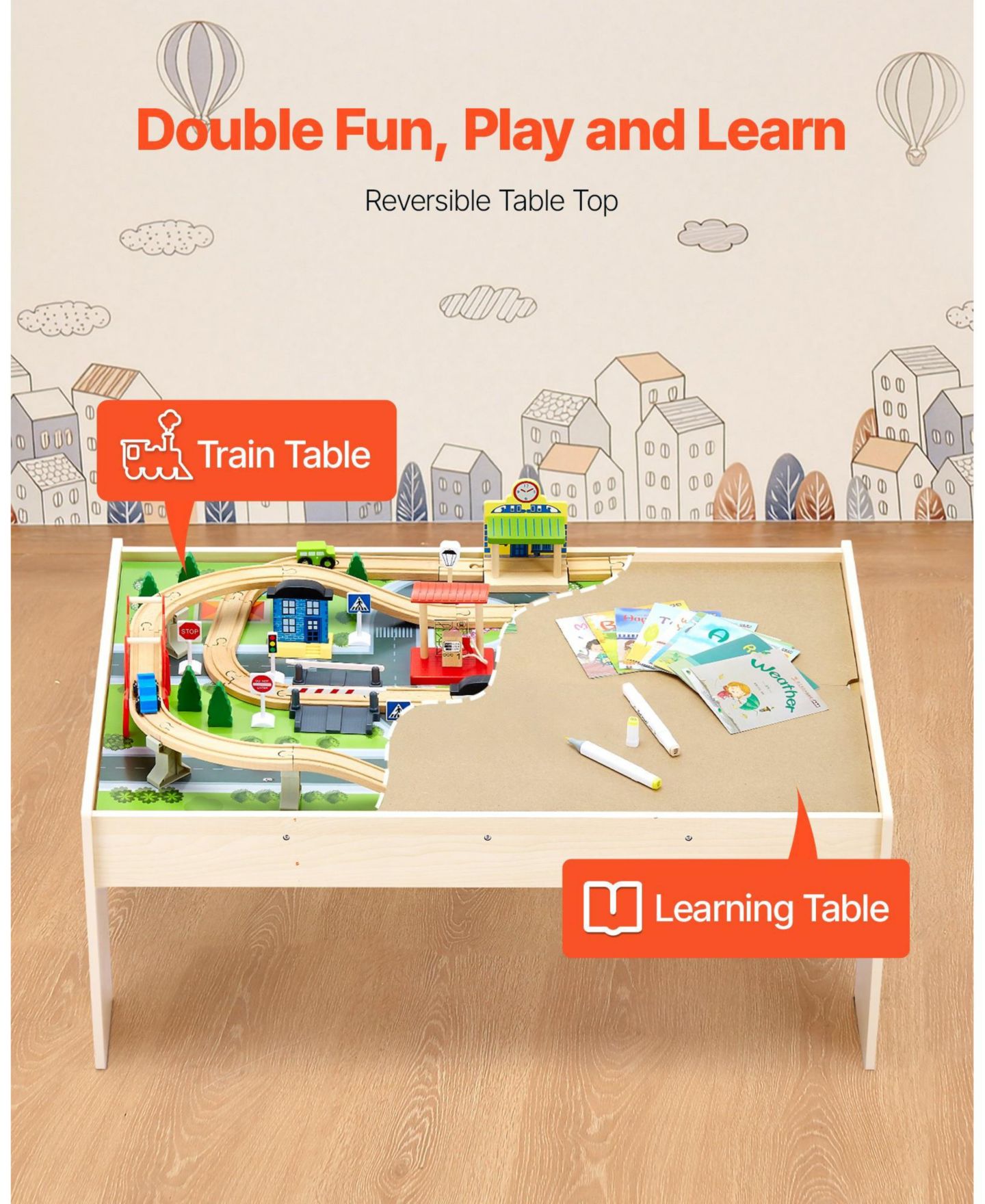 Детские игрушки Mecale 3-in-1 84-Piece Train Set Activity Table, цвет: Натуральный — фото 4