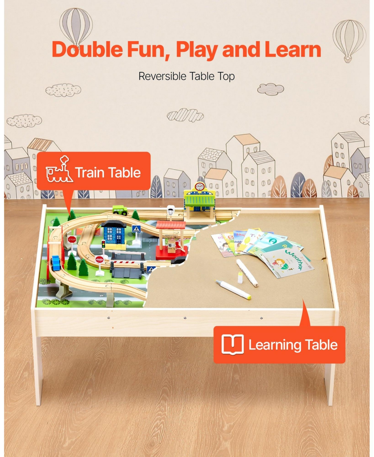 Mecale Train Table, 84 Pcs Wooden Activity Table with Collapsible Bin, 3-in-1 Train Set for Playing, Drawing & Reading, Toy for Kids 3