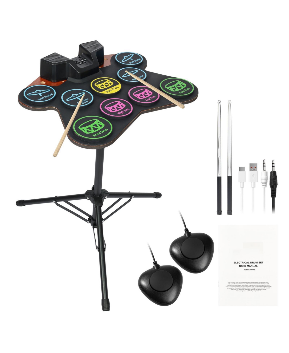 Mecale Electric Drum Set, 9 Pads Roll-Up Drum Kit with Headphone Jack, Stand - Black