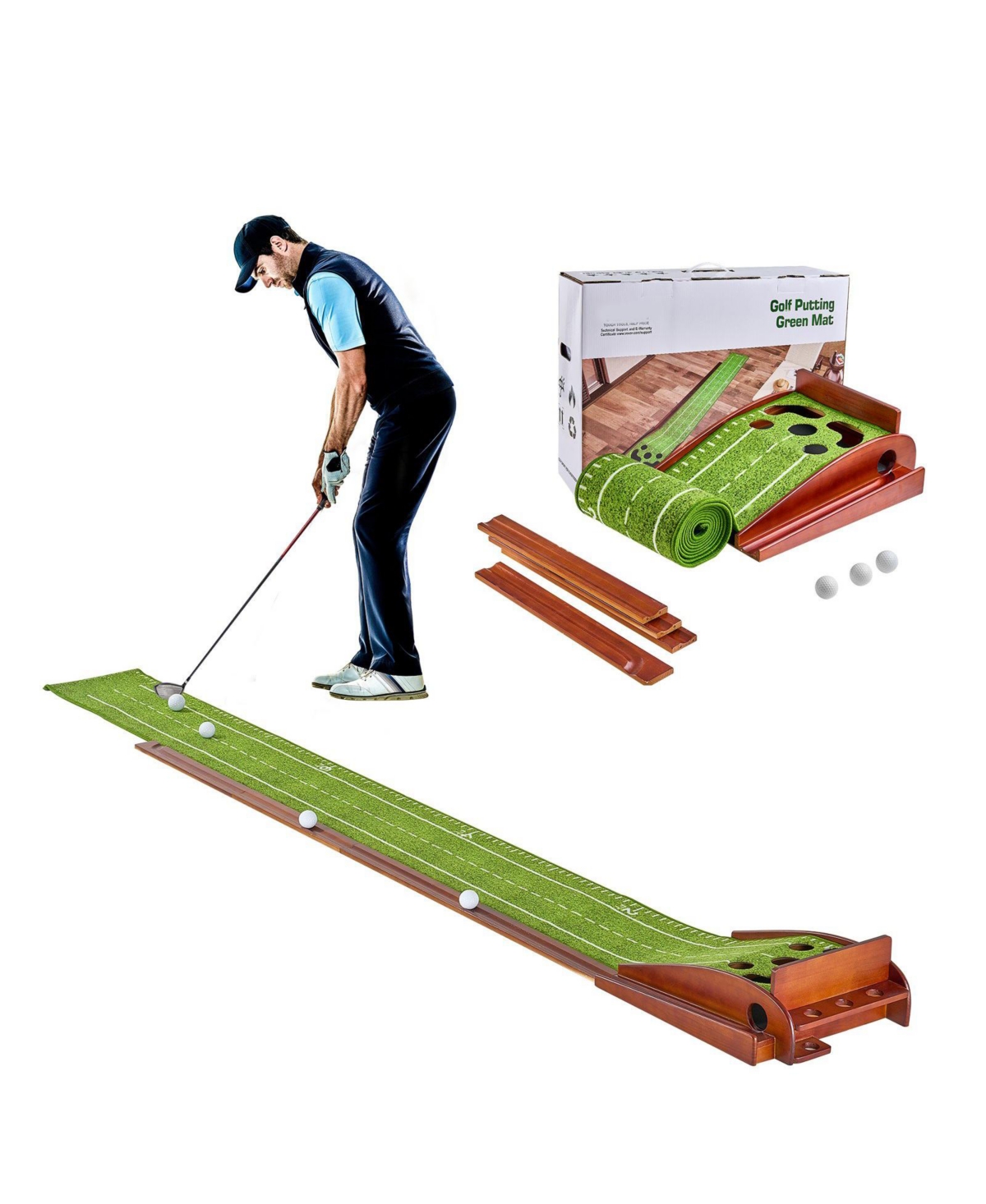 Sugift Golf Putting Mat Indoor 5-Hole Green with Ball Return Alignment Guide and Base