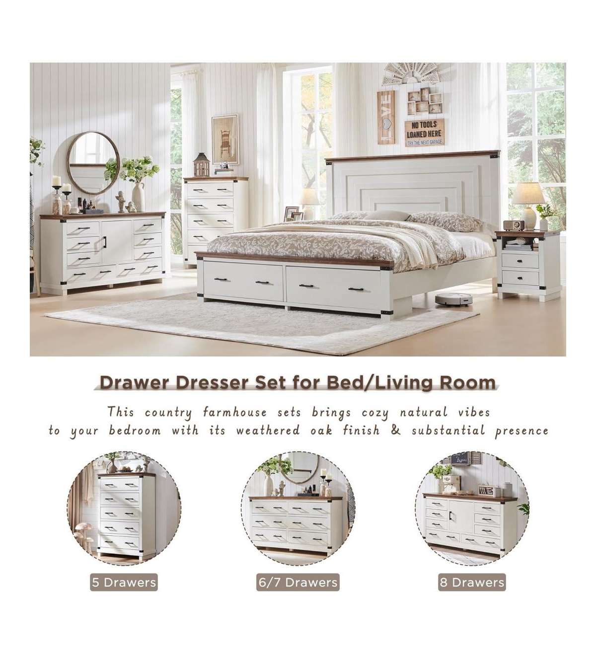 Gaomon Farmhouse Nightstand w/ Charging Station, 18" Rustic End Table w/ 2 Storage Drawers, Antique White, Bedroom Accent Piece