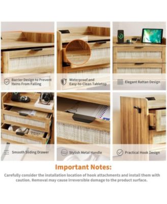 Rattan Nightstand Set of 2, Bedside Table with Type-C Charging Station - 2 Storage Drawer Space, Boho End Table Side Table, Walnut Brown